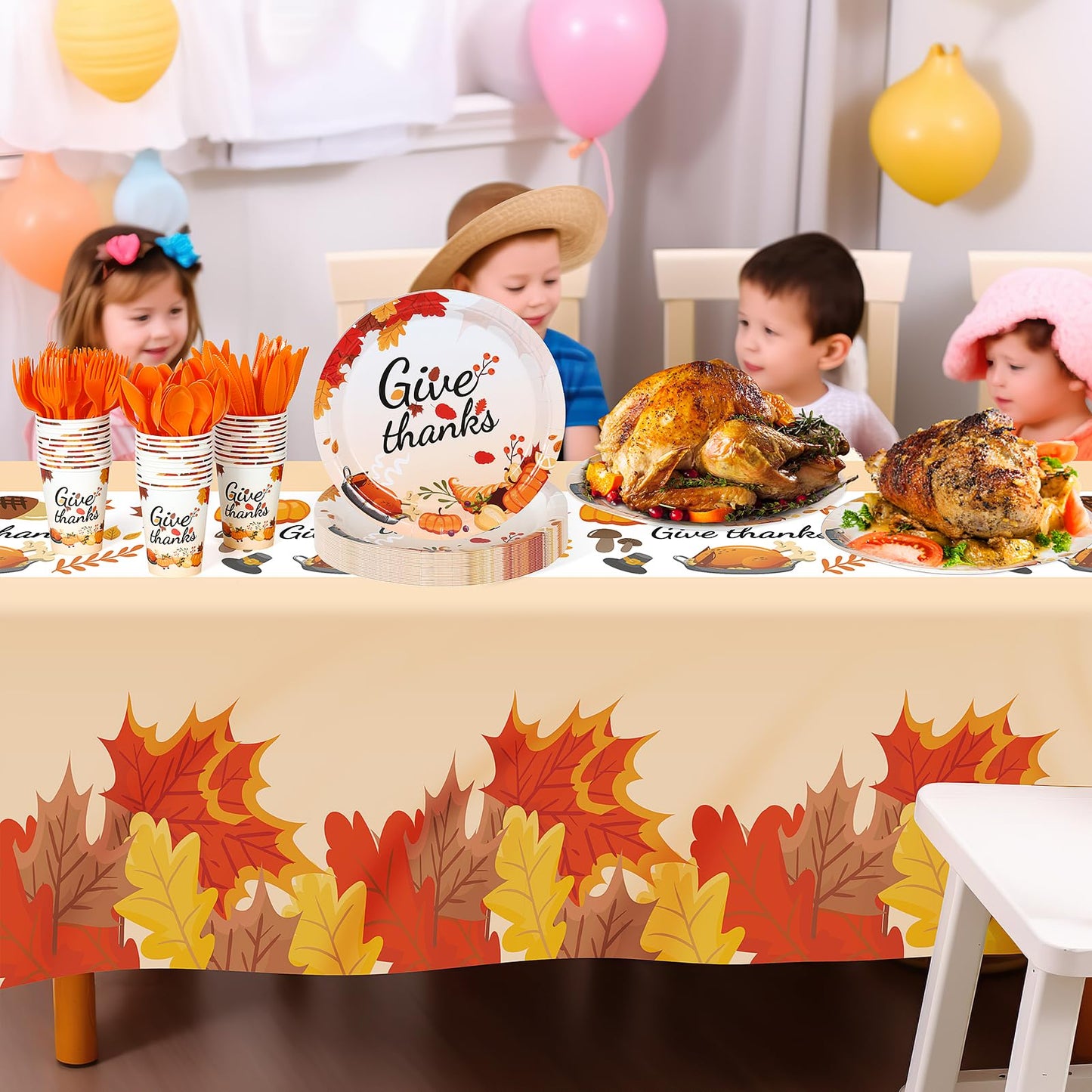 Childom 152Pcs Thanksgiving Plates and Cups,Disposable Thanks Giving Dinnerware Set,Thanksgiving Decorations,Thanks Giving Party Supplies,Give Thanks Tablecloth Plates Cups Forks Knives Spoon,Serve 30