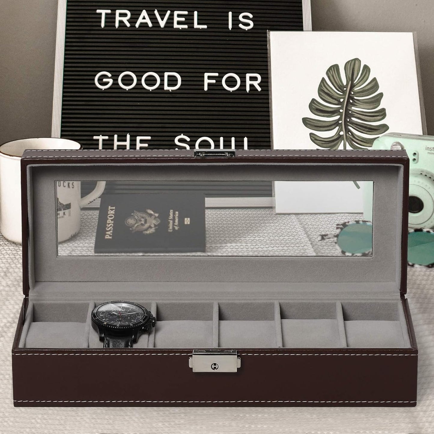 Men's Black 6-Slot Watch Box Organizer | Elegant Display & Storage Case