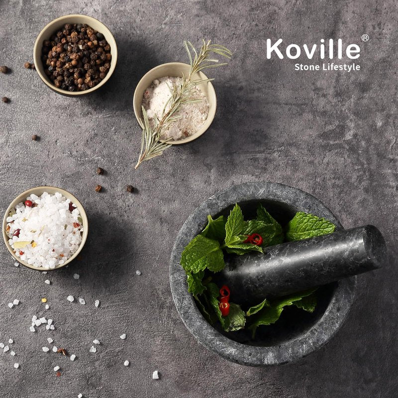 Koville African Natural Granite Mortar and Pestle Set, Grinder Bowl for Guacamole, Salsa, Pill Crusher, Spice, Herb, Garlic, Nut, Heavy Duty Grinder for Kitchen (Sandblasted Finish)