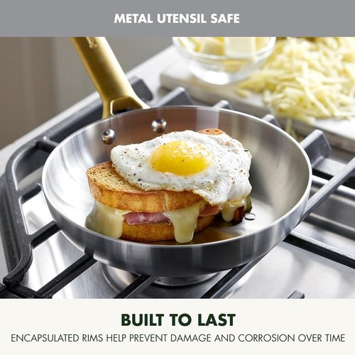 GreenPan Stainless Steel Tri-Ply Reserve 8” Frying Pan | Induction & Oven Safe, Dishwasher Safe, Gold Handle