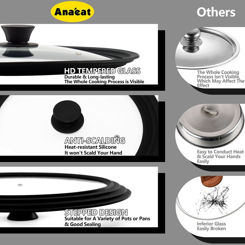 Anaeat Silicone Universal Lid for Pots, Pans and Skillets - Tempered Glass Covered with Heat Resistant Silicone Rim Fits 10", 11" and 12" Diameter Cookware -Easy to Use Replacement Frying Pan Cover