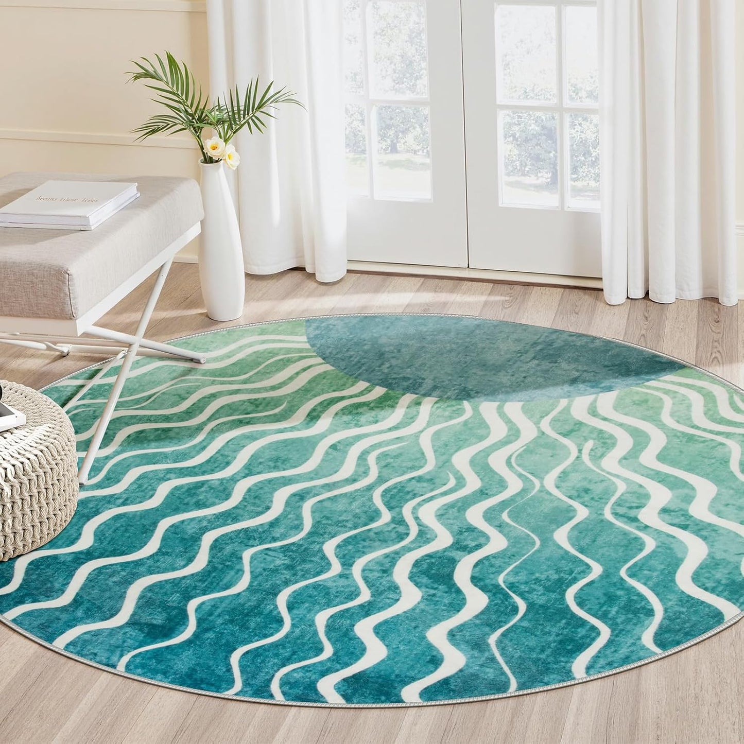 Wonnitar Boho Sun Print Round Rugs 5ft, Washable Circular Rug Green Round Carpet for Bedroom, Soft Sunset Distressed Non Slip Circle Carpet for Dining Room Living Room Office, Teal/Multi