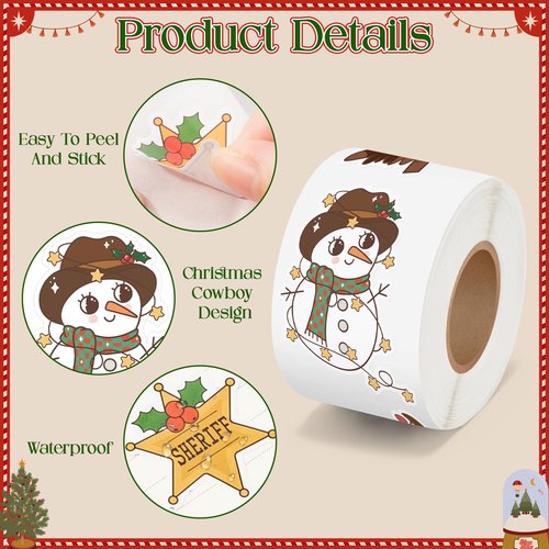 CNhoqc Christmas Cowboy Sticker Rolls - 1000Pcs Cartoon Western Cowboy Stickers, Cactus Snowman Santa Claus Design, Fade-resistant Vinyl Decals for Kids Boys Water Bottle Christmas Gift Party Supllies