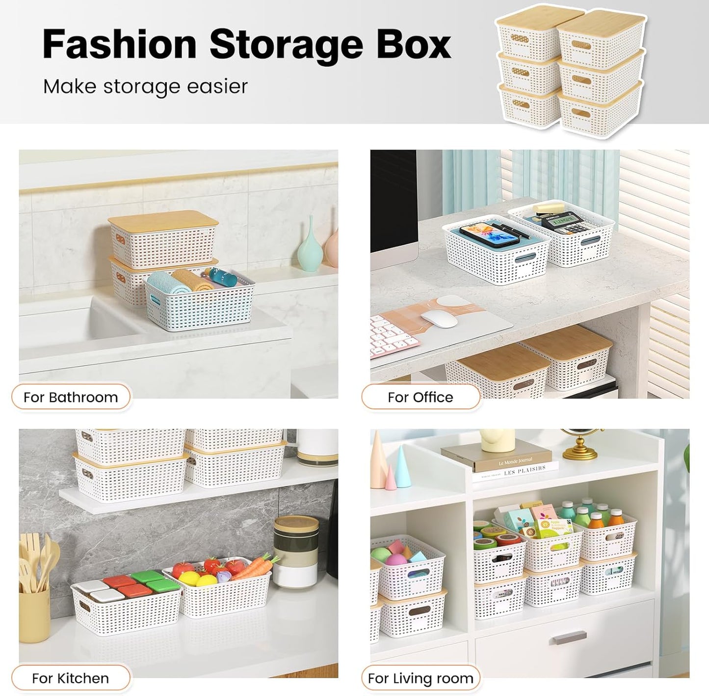 Ohmlove Plastic Storage Baskets - Stackable Containers with Bamboo Lid for Organizing | 6 Pack