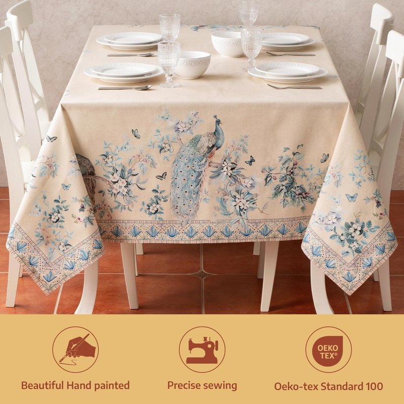 Maison d' Hermine Premium Table Cloth Square Table 100% Combed Cotton 70 x 70 Inches Tablecloth Reusable Decorative for Dining Room, Farmhouse, Party, Festive & Wedding - Peacock Utopia - Sandy Beach