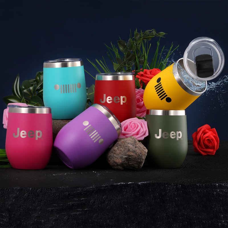 Jeep Insulated Wine Tumbler 12 oz - Double Wall Stainless Steel Thermal Tumbler with Copper Vacuum Insulation, Push-On Lid (Yellow)