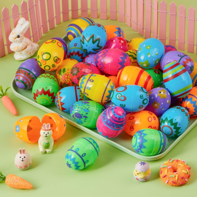 JOYIN 72PCS 2.3" Printed Empty Colorful Plastic Eggs Fillable, Bright Plastic Eggs Bulks for Festival Hunt, Filling Treats, Party Favor, Basket Stuffers, Classroom Prize Supplies