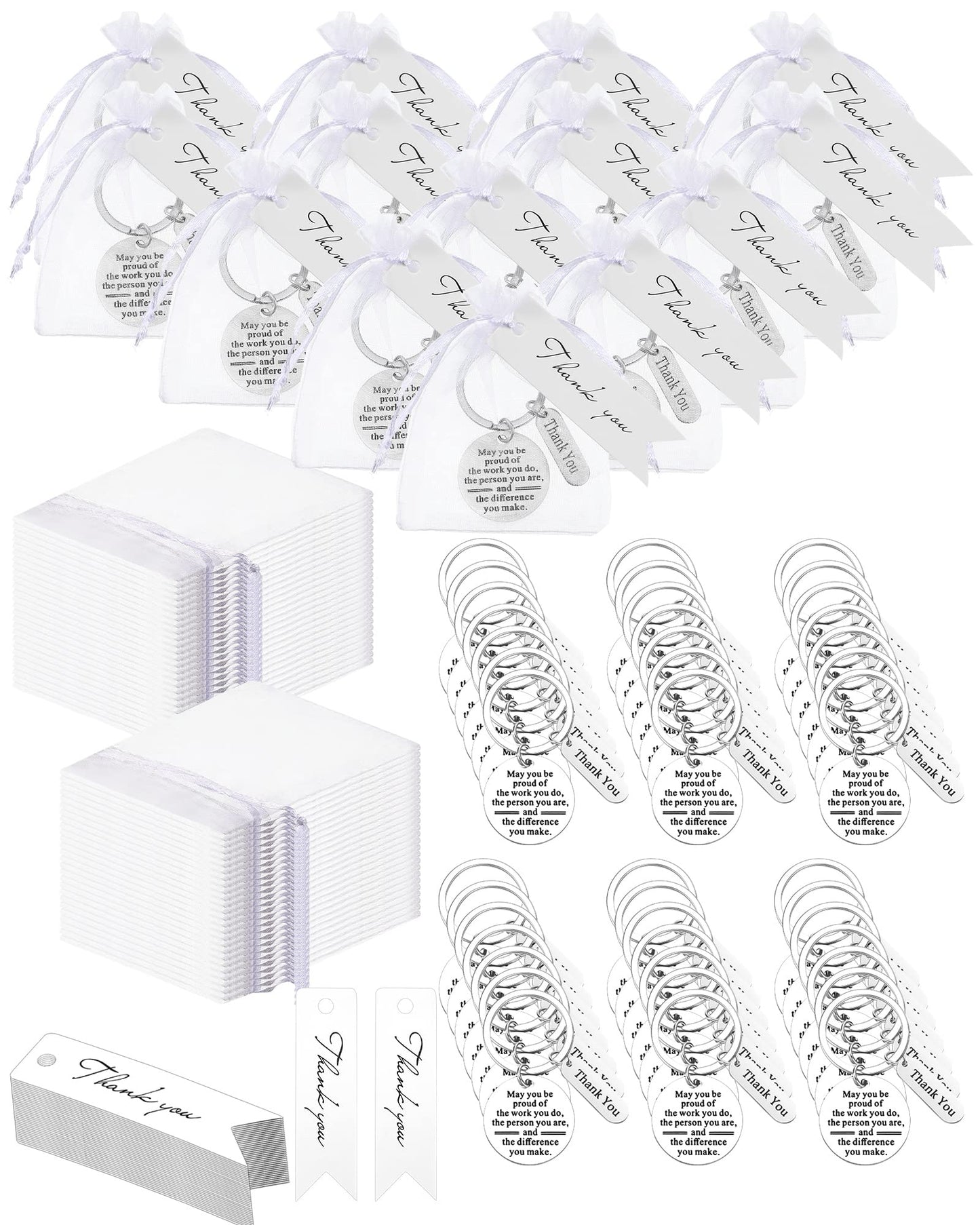 Yinkin 300 Pcs Christmas Employee Thank You Gifts Bulk Gifts for Coworkers Include 100 Inspirational Employee Appreciation Keychain Gifts 100 Organza Bags 100 Cards for Teacher Nurse Team(Silver)