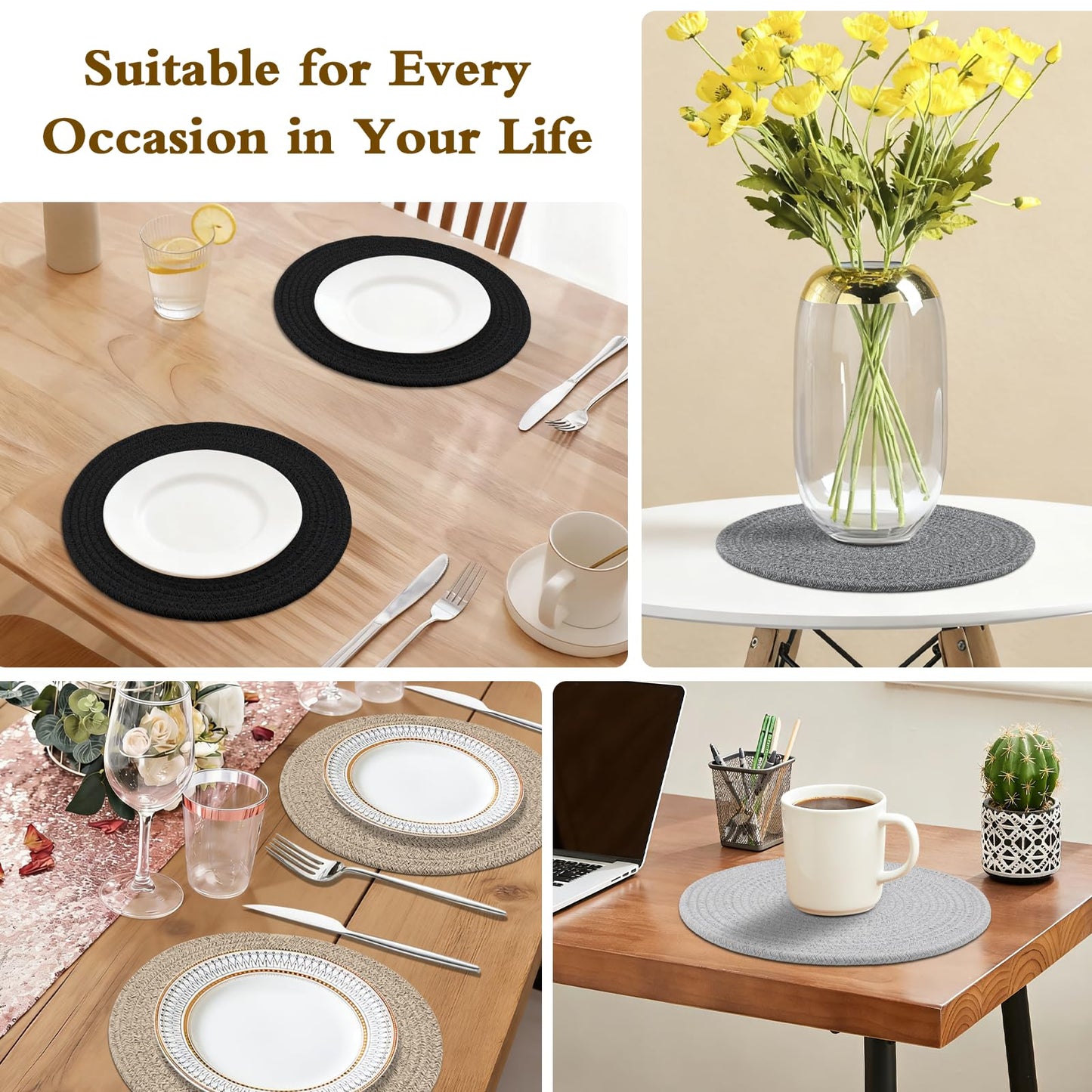Round Placemats Set of 6 with Holder, Cotton Rope Woven Place Mats, Hot Pads for Kitchen, Heat Resistant Table Mats, 13 Inch Farmhouse Washable Braided Placemat for Kitchen Decor (Brown)