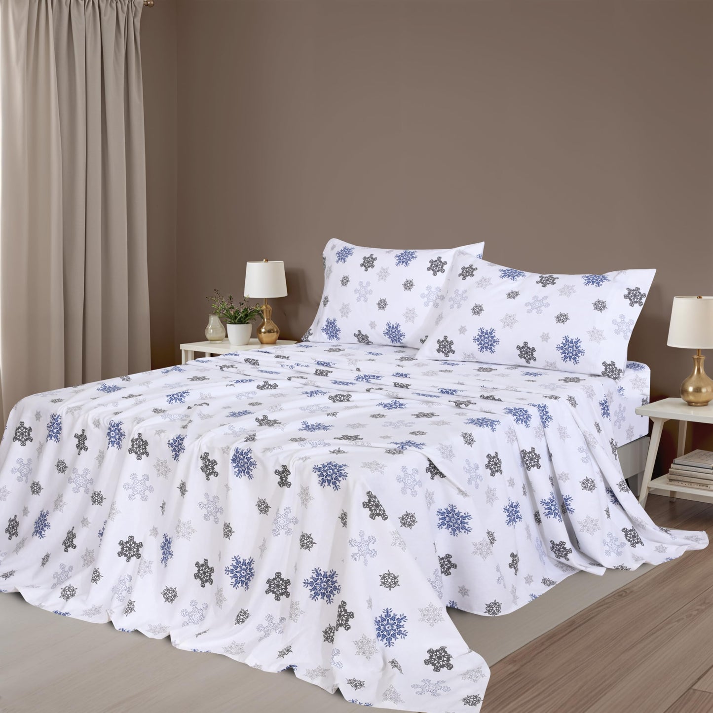ZOYER Flannel Sheets King Size Set - Soft & Comfy Deep Pocket Cotton Flannel Bedding, Fitted Up to 16", Double Brushed King Bed Sheets, 4 Pieces, White Snow