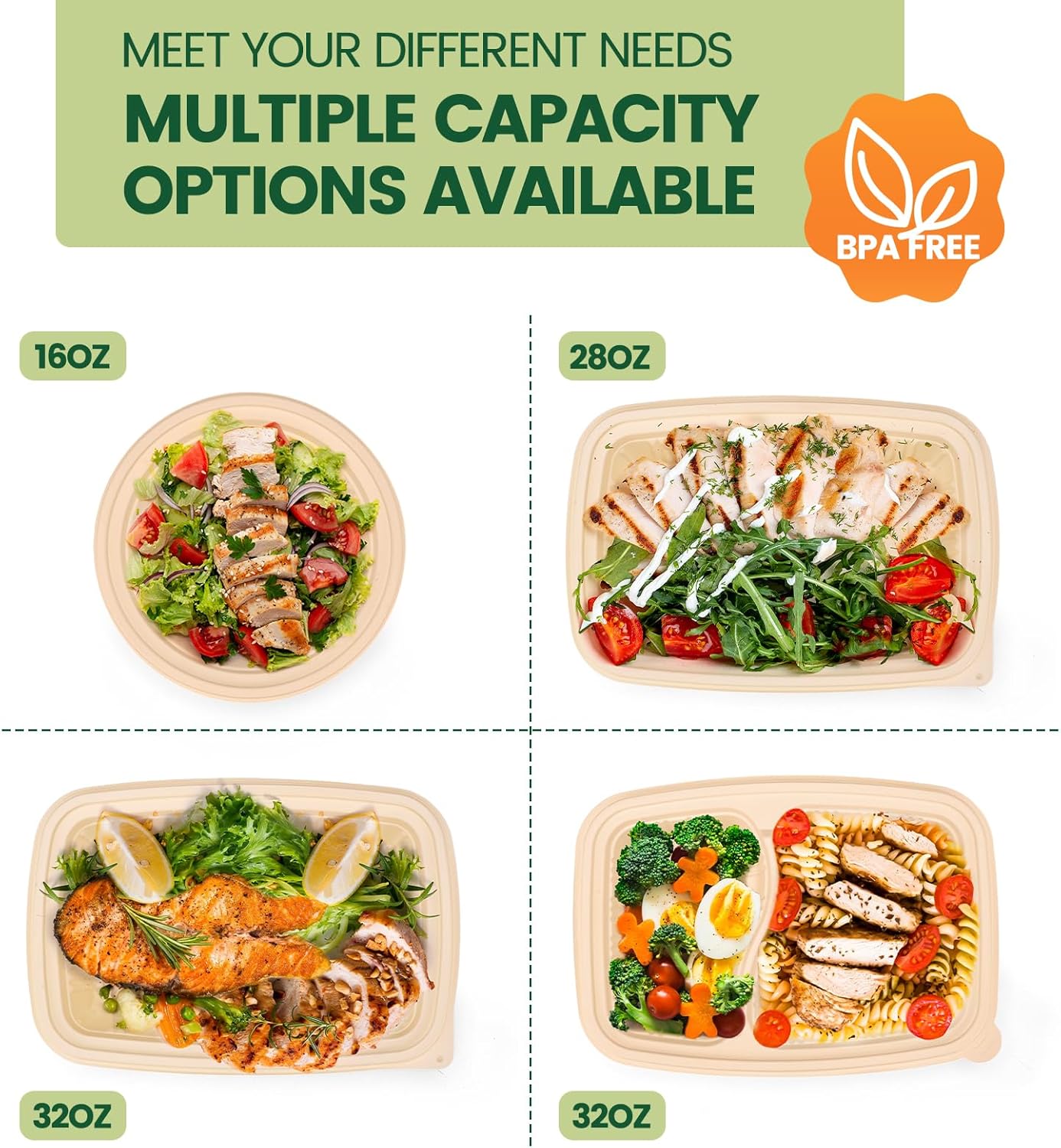 Meal Prep Containers - 100 Piece Reusable 2 Compartment 32 oz Cornstarch Snack Containers with Lids | Microwave & Freezer Safe