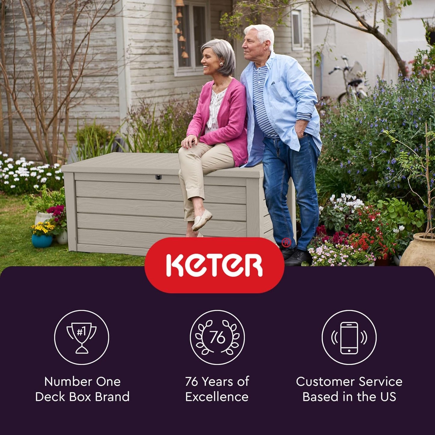 Keter Westwood 150 Gallon Resin Outdoor Storage Box - Ideal for Patio Furniture, Cushions & Tools | Beige