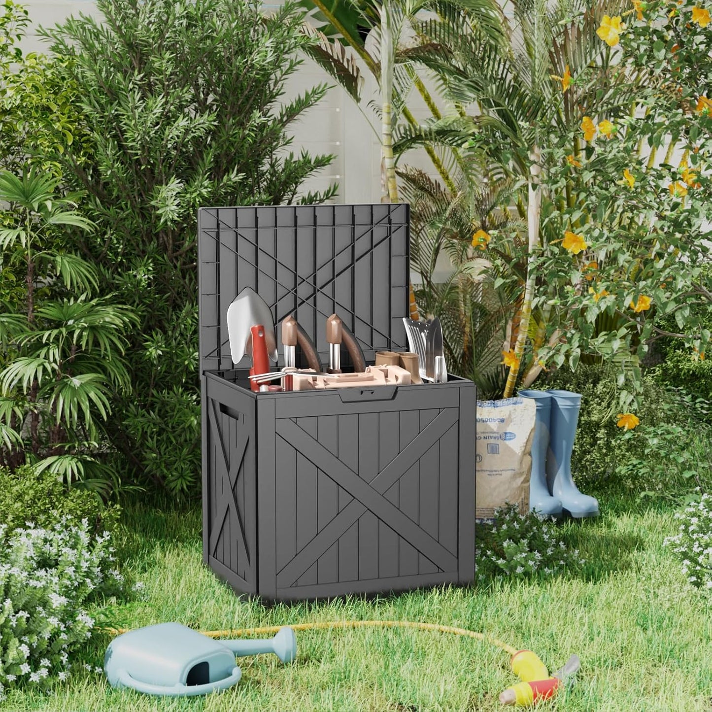 Skiennix 38 Gallon Outdoor Deck Box - Lockable Waterproof Storage for Garden Tools & Cushions | Black