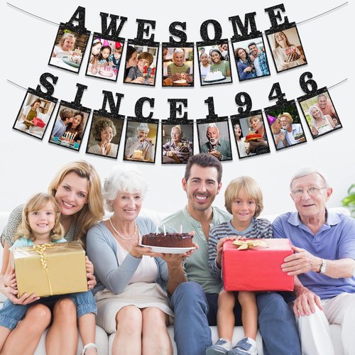 Awesome Since 1946 Photo Banner - Black Glitter 80th Birthday & Anniversary Decorations