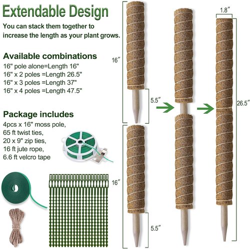 Fabulas Moss Pole - 47.5 Inch Monstera Plant Support with 4 Packs of 16 Inch Coco Coir Stakes