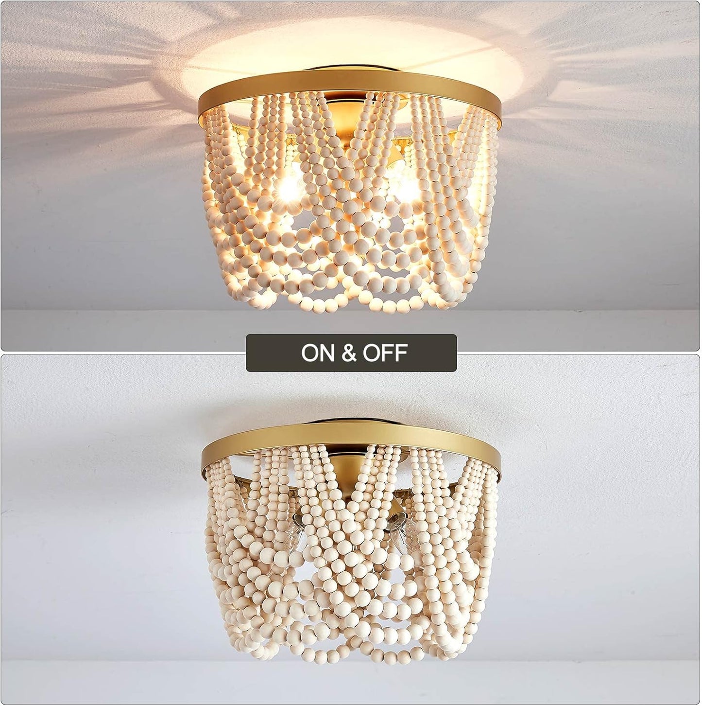 Farmhouse Boho Flush Mount Ceiling Light,3-Light Wood Bead Chandeliers,Black Metal Bohemia Hanging Pendant Lighting,Small Chandelier for Bedroom,Living Room,Entryway,Hallway