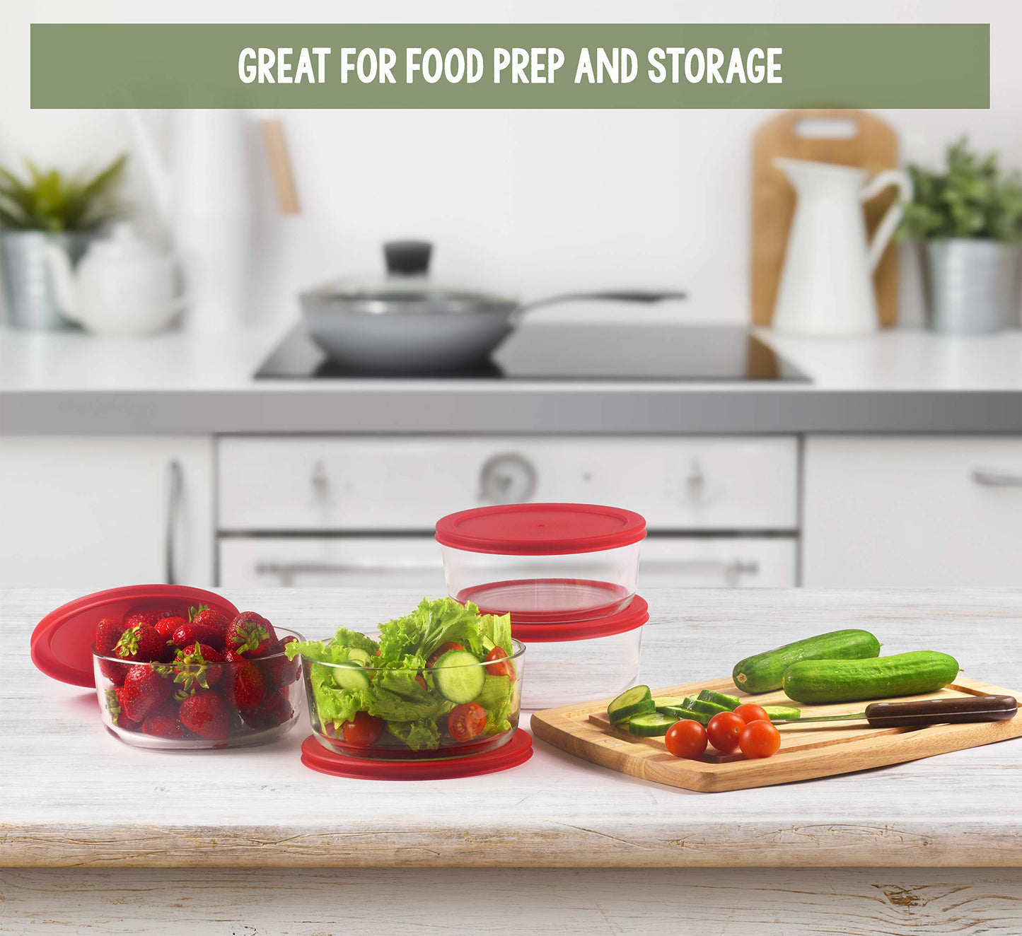 BOVADO USA 2 Cup Glass Food Storage Containers (6 Pack) | Nonpourous Dishwasher, Freezer & Oven Safe Glass, Easy-Clean | Red Lids
