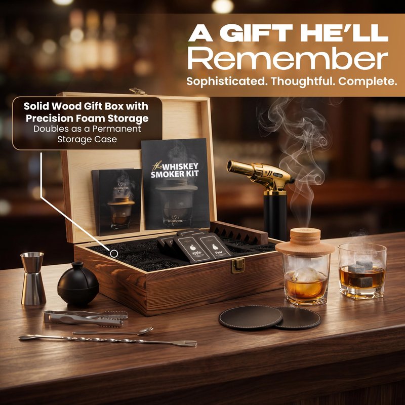 Moments by KEFF Premium Whiskey Smoker Kit – Wooden Gift Box with Torch, Smoker Lid, Square Glasses, Leather Coasters, 6 Wood Chips with Tray, Whiskey Stones, Ice Molds, Mixing Tools & Instructions