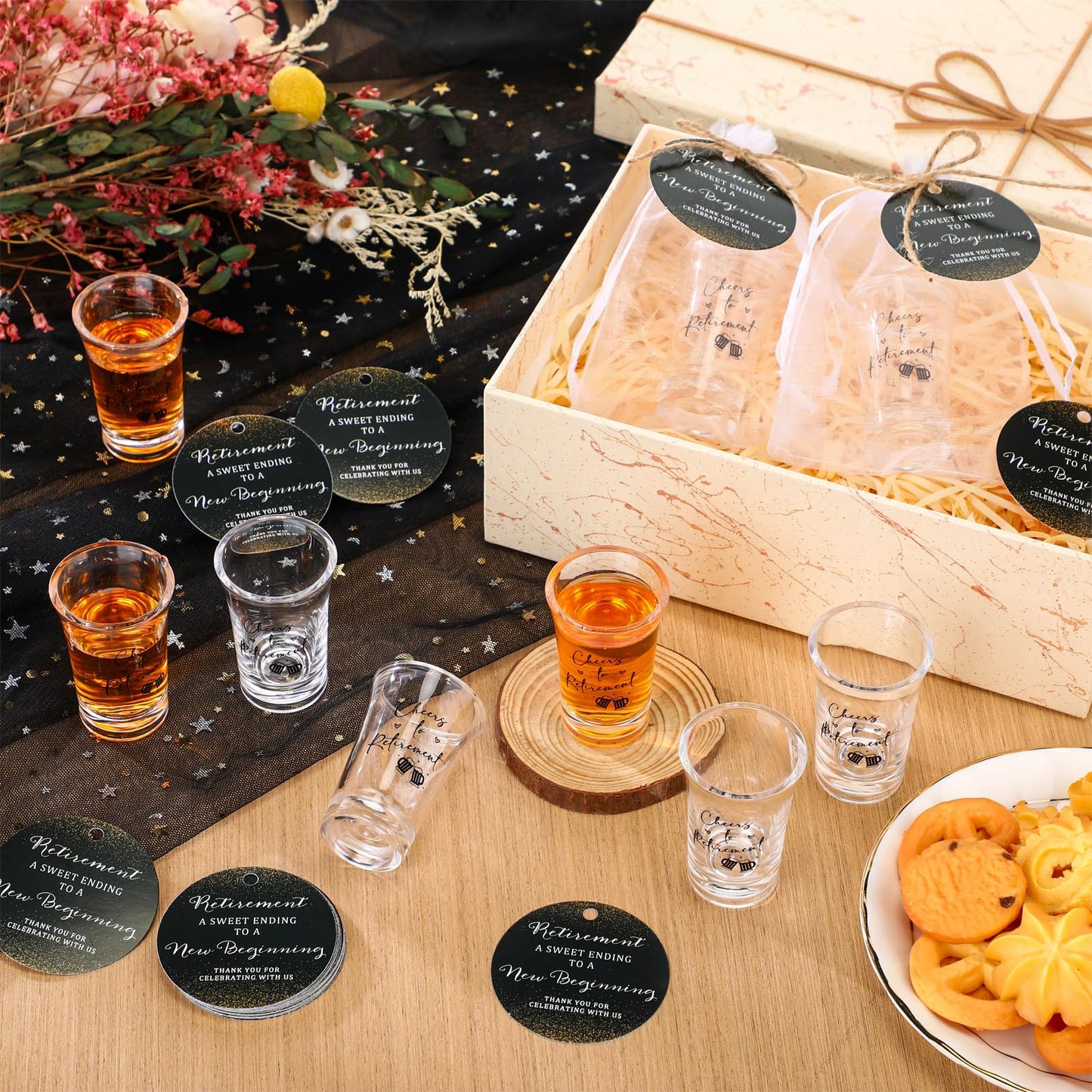 Havawish 50 Sets Retirement Party Favors for Guests 1.2 oz Cheers to Retirement Shot Glasses Acrylic Clear Shot Cups with Thank You Tags Organza Bag Retirement Decoration Gifts for Retired Men Women