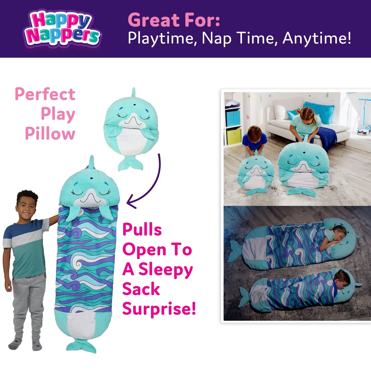 Happy Nappers Pillow & Sleepy Sack Large Dolphin Comfy, Cozy, Compact, Super Soft, Warm, All Season, Sleeping Bag with Pillow