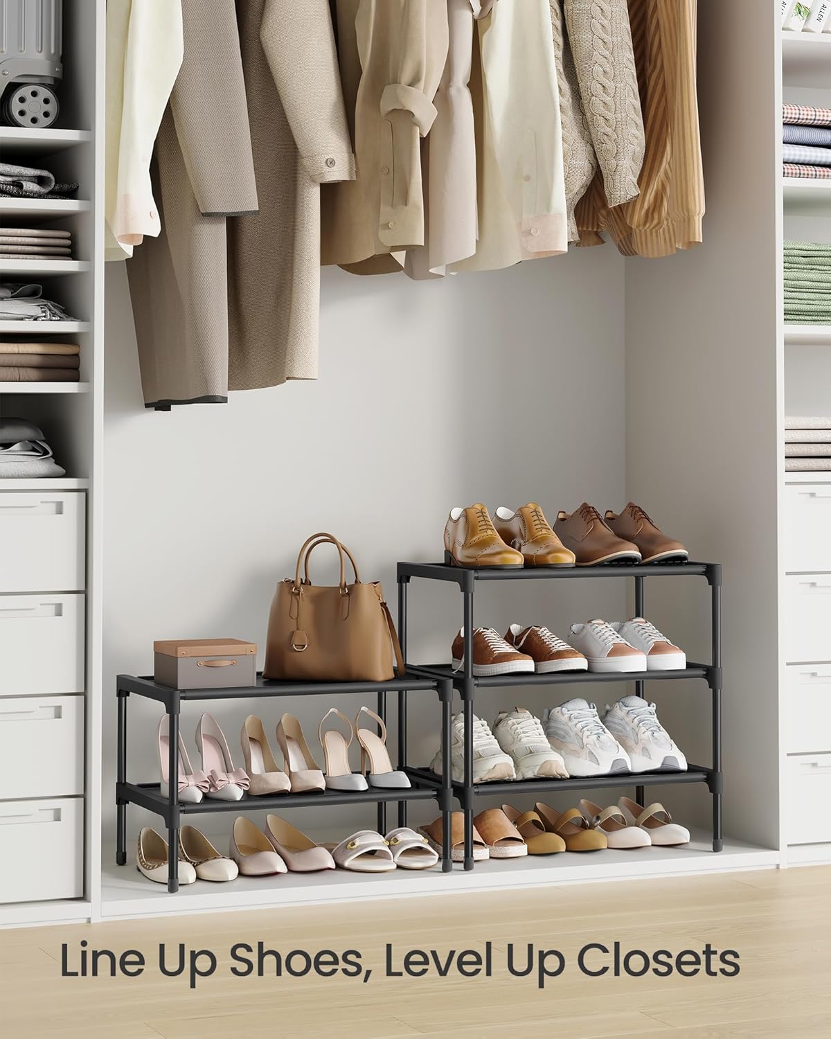 SONGMICS 2-Tier Shoe Rack - Space-Saving Organizer with Metal Frame & Non-Woven Fabric Shelves | Ink Black, 11.7 x 16.5 x 12.2 Inches