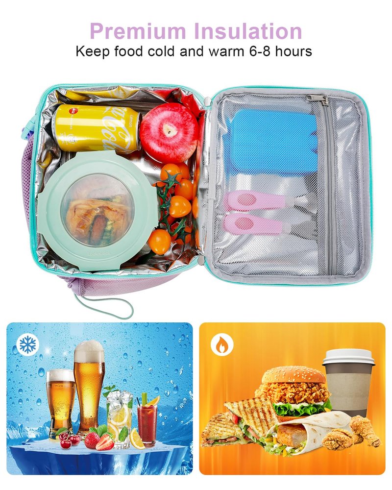 Amersun Kids Insulated Lunch Box- Water-Resistant, Reusable Cute Lunch Tote Bag with Water Bottle Holder & Multi-Pocket-Ideal for Ages 3+ Girls,School,Travel-Light Purple