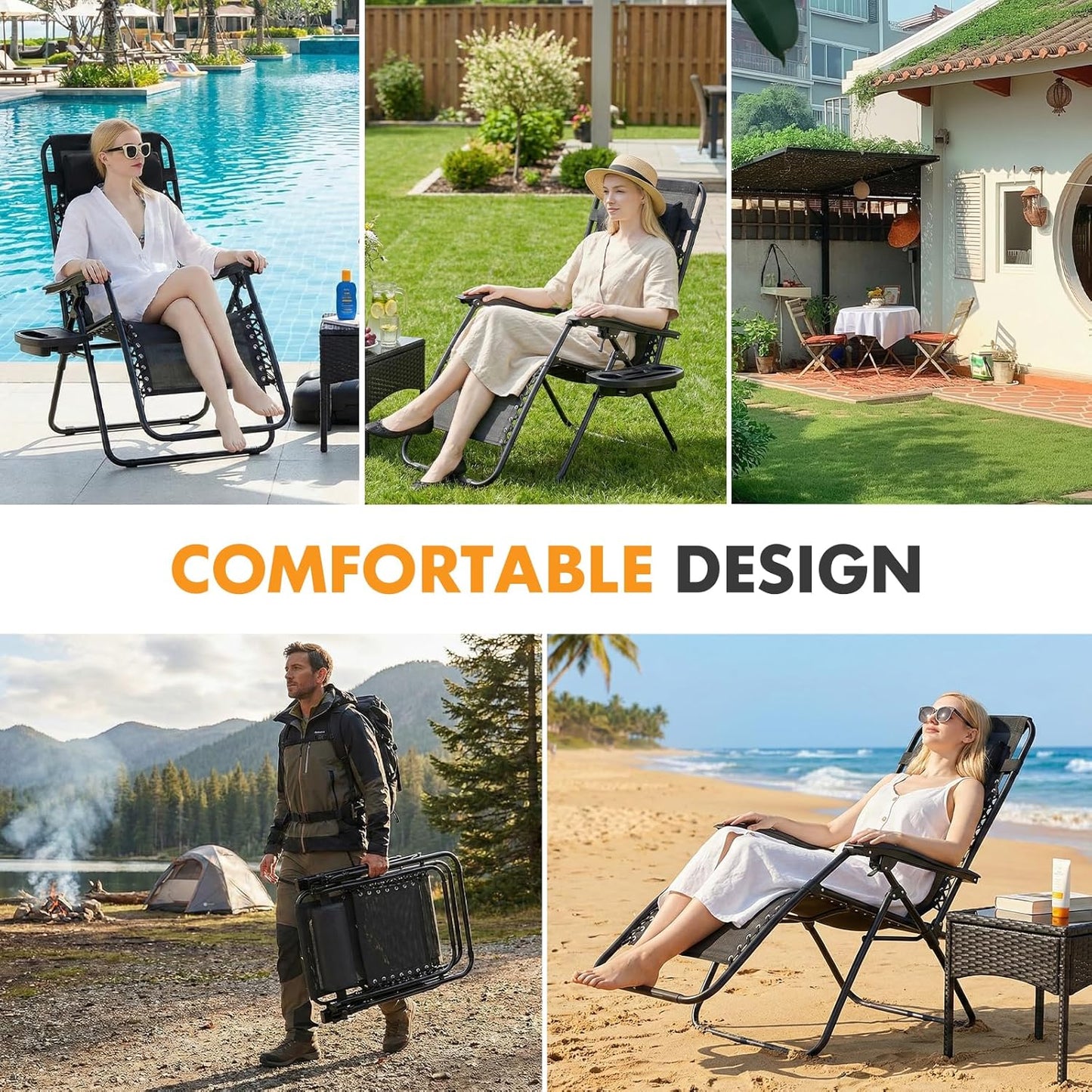 NEWBULIG Zero Gravity Chair Set of 2 - Portable Adjustable Lounge Chairs with Cup Holders & Mesh Back