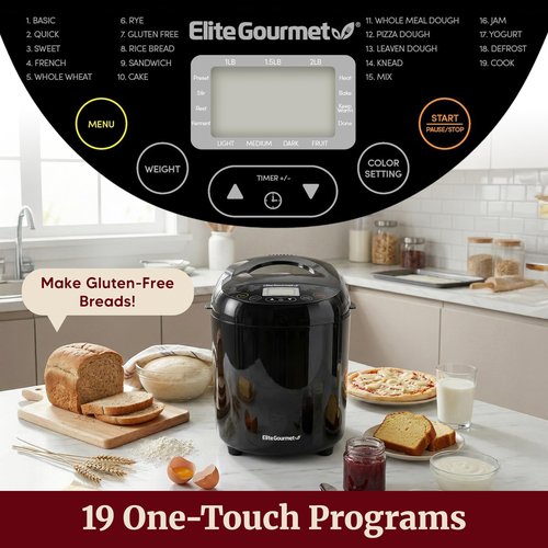 Elite Gourmet Programmable Bread Maker, 2 lb Loaf, 3 Sizes, 19 Presets incl. Gluten-Free, Dough & Jam, Delay Timer, Black