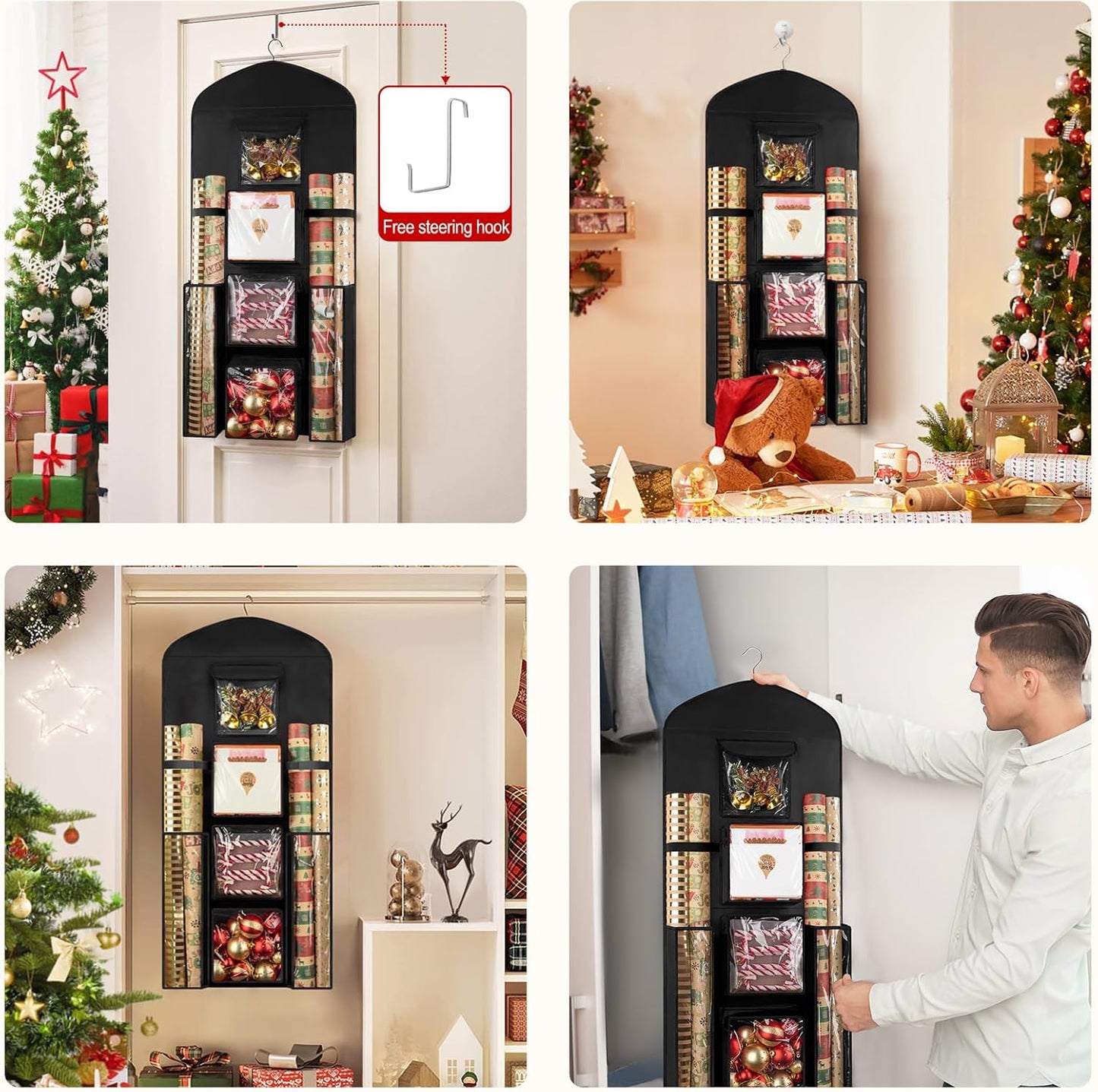 Woodoulogy Hanging Gift Wrapping Paper Storage - 40x17 Black Organizer & 63x13 Red Over-Door Bag