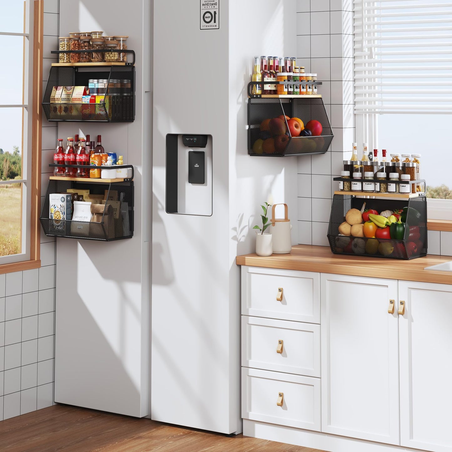 Magnetic Shelf for Fridge with Wide & Thick Magnet, 1 Pack Refrigerator Organizer Basket with Bamboo Top, Storage for Fruit, Potato, Onion, Kitchen, Pantry, Laundry (Black, 13.8" x 6.8" x 11.8")