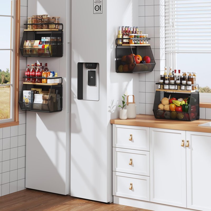 Magnetic Shelf for Fridge with Wide & Thick Magnet, 1 Pack Refrigerator Organizer Basket with Bamboo Top, Storage for Fruit, Potato, Onion, Kitchen, Pantry, Laundry (Black, 13.8" x 6.8" x 11.8")