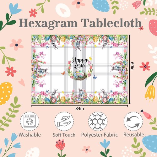 Hexagram Easter Tablecloth Rectangle 60 x 84 Inch, Easter Table Cloth Bunny Eggs Truck Tablecloths for Party Home Dinner Decor