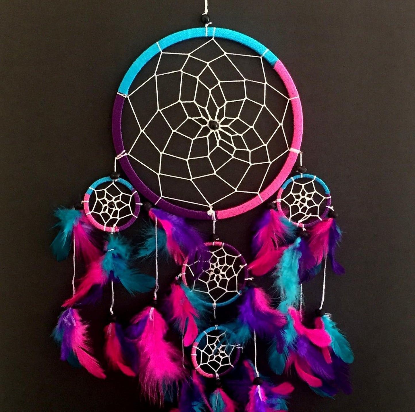 Handmade Rainbow Chakra Dream Catcher - 7" Diameter with Tie Dye Feathers & Beads