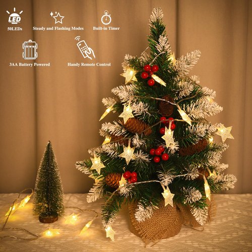 Clearzen 2 Pack Star String Lights Total 33 Ft 100 LED Christmas Fairy Lights Battery Operated with Remote 8 Modes Waterproof for Bedroom Wedding Party Garden Tent Decor, Warm White