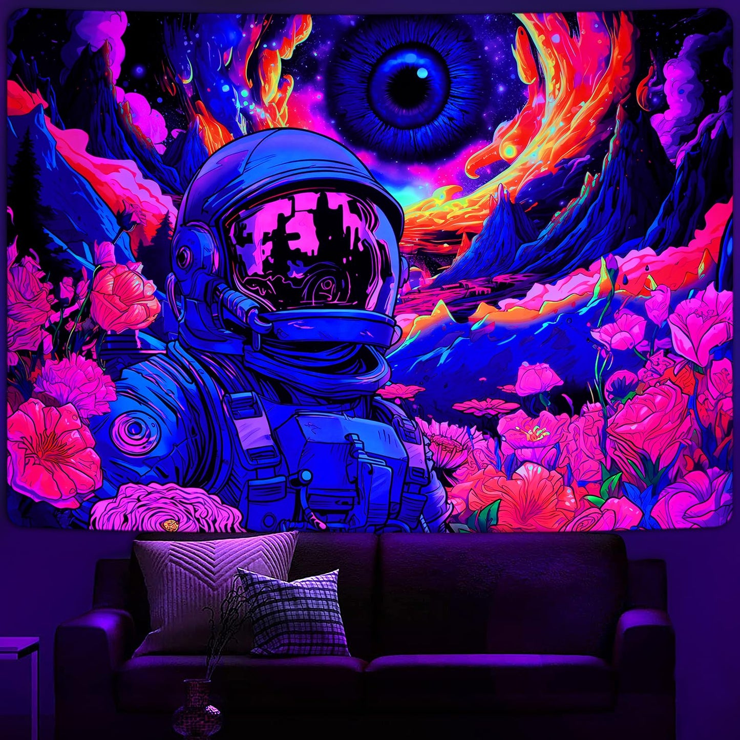 AtawLege Blacklight Astronaut Tapestry Hippie Eyes Tapestry UV Reactive Flowers Plants Tapestry Neon Galaxy Space Wall Hanging for Bedroom (70.9 x 92.5 inches)