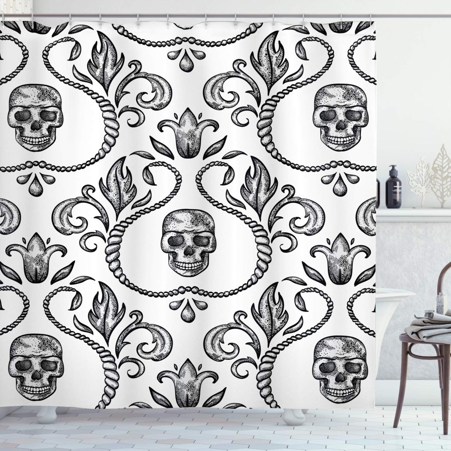 Gothic Skull Shower Curtain - Baroque Floral Design, 69" x 70", Bathroom Decor Set