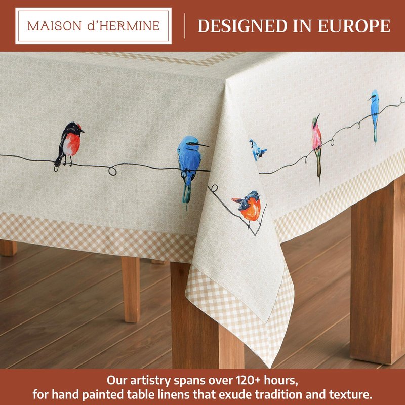 Maison d' Hermine Table Cloth Square Table 100% Cotton 60 x 60 Inches Tablecloth Reusable Decorative for Dining Kitchen Room Farmhouse Home Gifts for Mothers Day Spring Summer - Birdies on Wire
