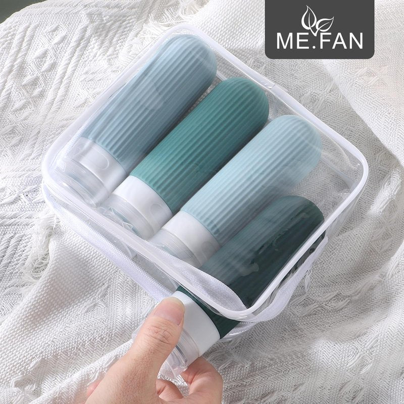ME.FAN Travel Bottles for Toiletries, TSA Approved 3oz Silicone Journey Size Containers, Portable Split Bottle for Conditioner, Shampoo, Lotion- 4 Pack Blue