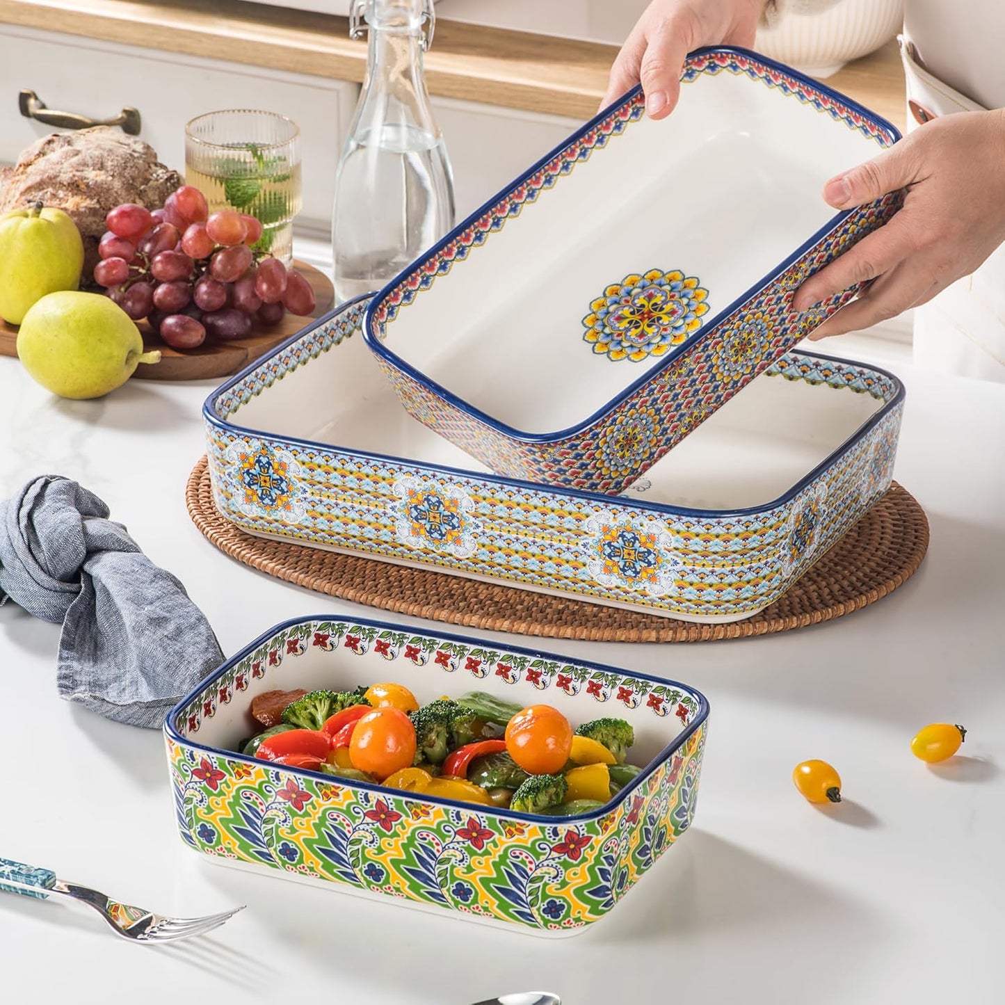 Regine Switzerland Ceramic Casserole Dishes Set of 3 - Stylish Rectangular Bakeware for Baking & Roasting