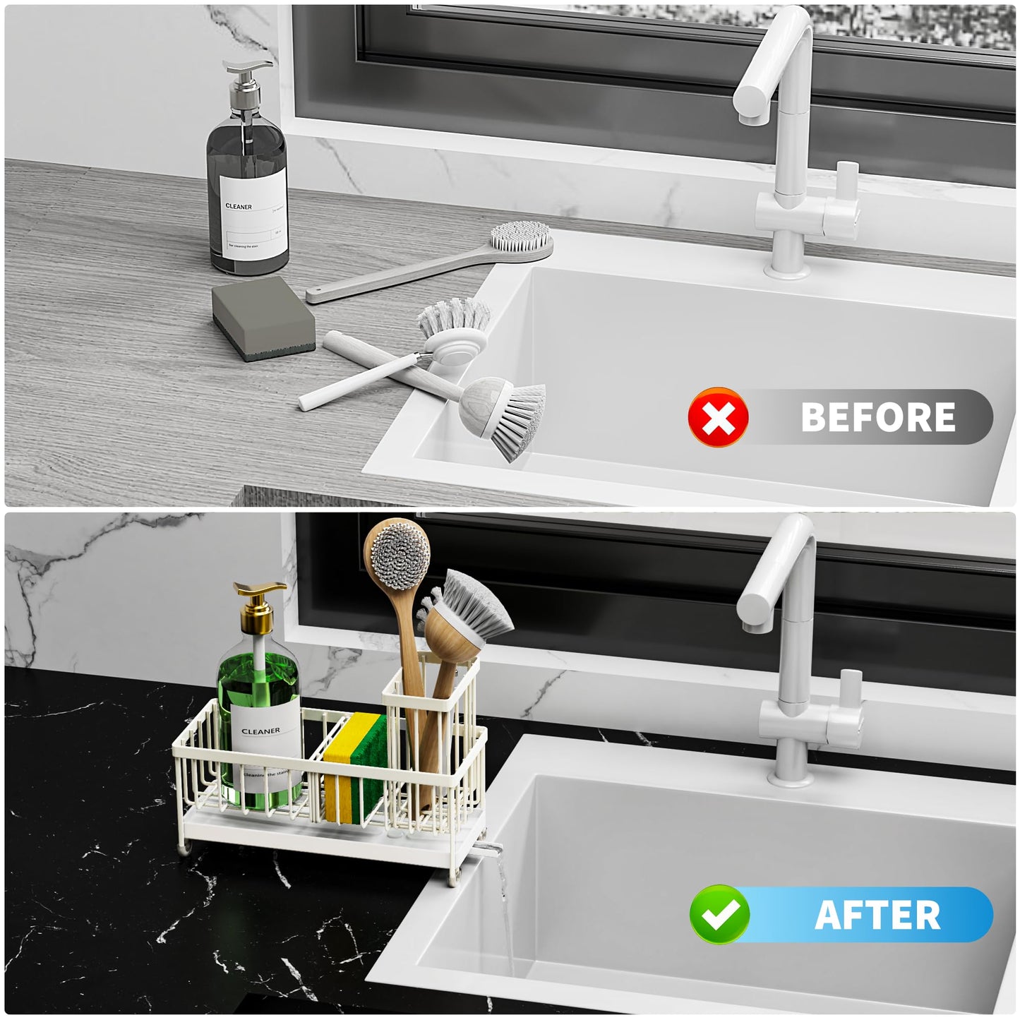 Cisily Sponge Holder for Kitchen Sink, Sink Caddy Organizer with High Brush Holder, Kitchen Countertop Organizers and Storage Essentials, Rustproof 304 Stainless Steel (Cream, 9.25″)