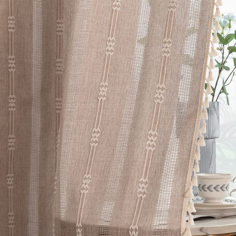 Linen Curtains 108 Inches Long for Living Room 2 Panels Set, Embroidery Farmhouse Tassel Boho for Bedroom Light Filtering Window Rod Pocket Drapes (52" W x 108" L, Khaki)