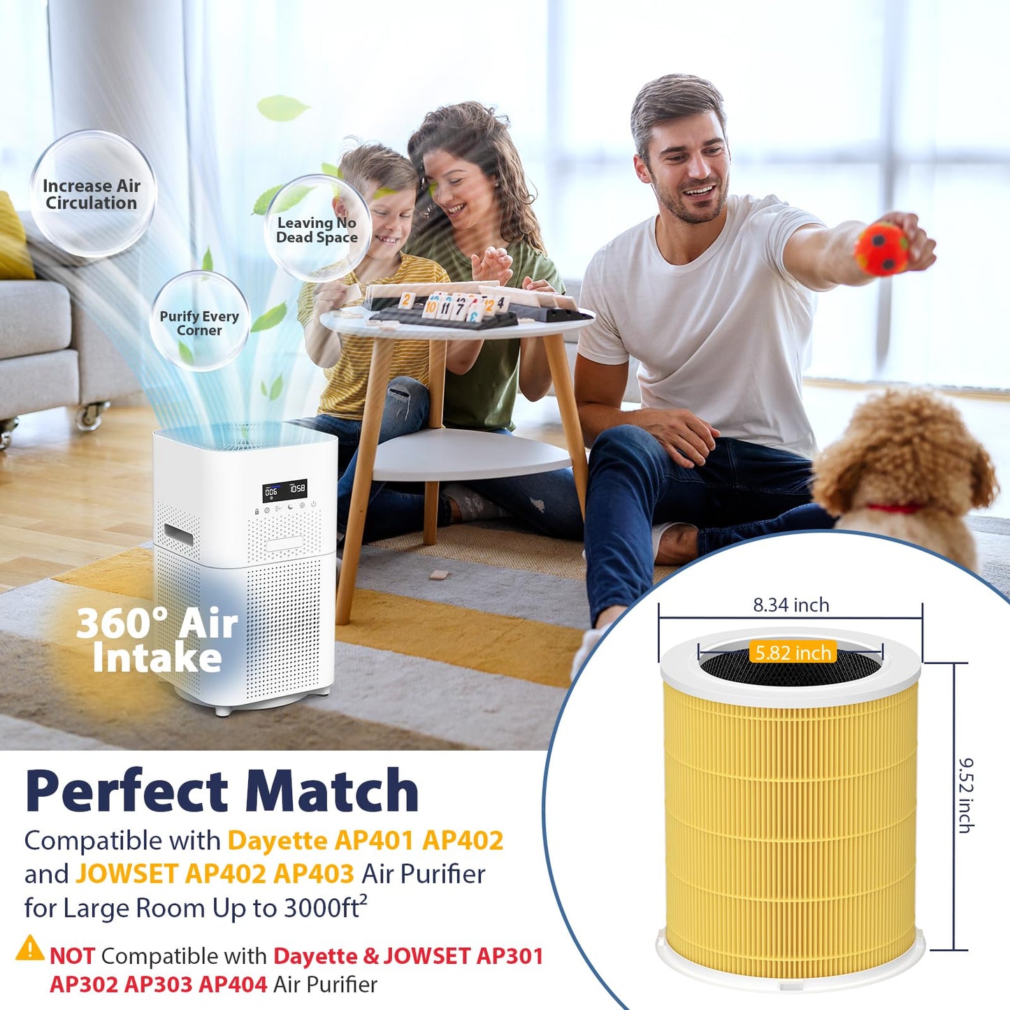 AP401 AP402 Pet Care Filter Replacement, Compatible with Dayette AP401 AP402 and JOWSET AP402 AP403 Air Purifiers for Large Room up to 3000Ft², H13 True HEPA Filter, Designed for Pet Odors