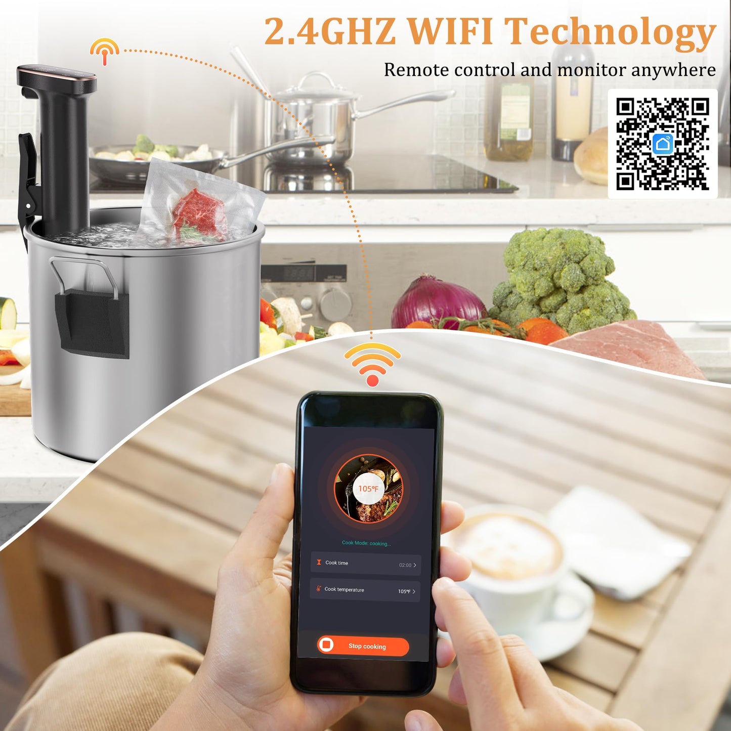 Sous Vide Machine, WiFi APP Recipes Included, Sous Vide Cooker 1100W, Immersion Circulator Precisional Cooker with Accurate Temperature, Ultra Quiet, IPX7 Waterproof, Fast Heating and Time Control