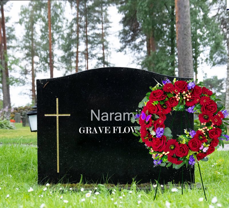 Naramiji Cemetery Wreath for Grave, Red Roses Memorial Wreath with 30 Inch Easeal Stand, Fade-Resistant