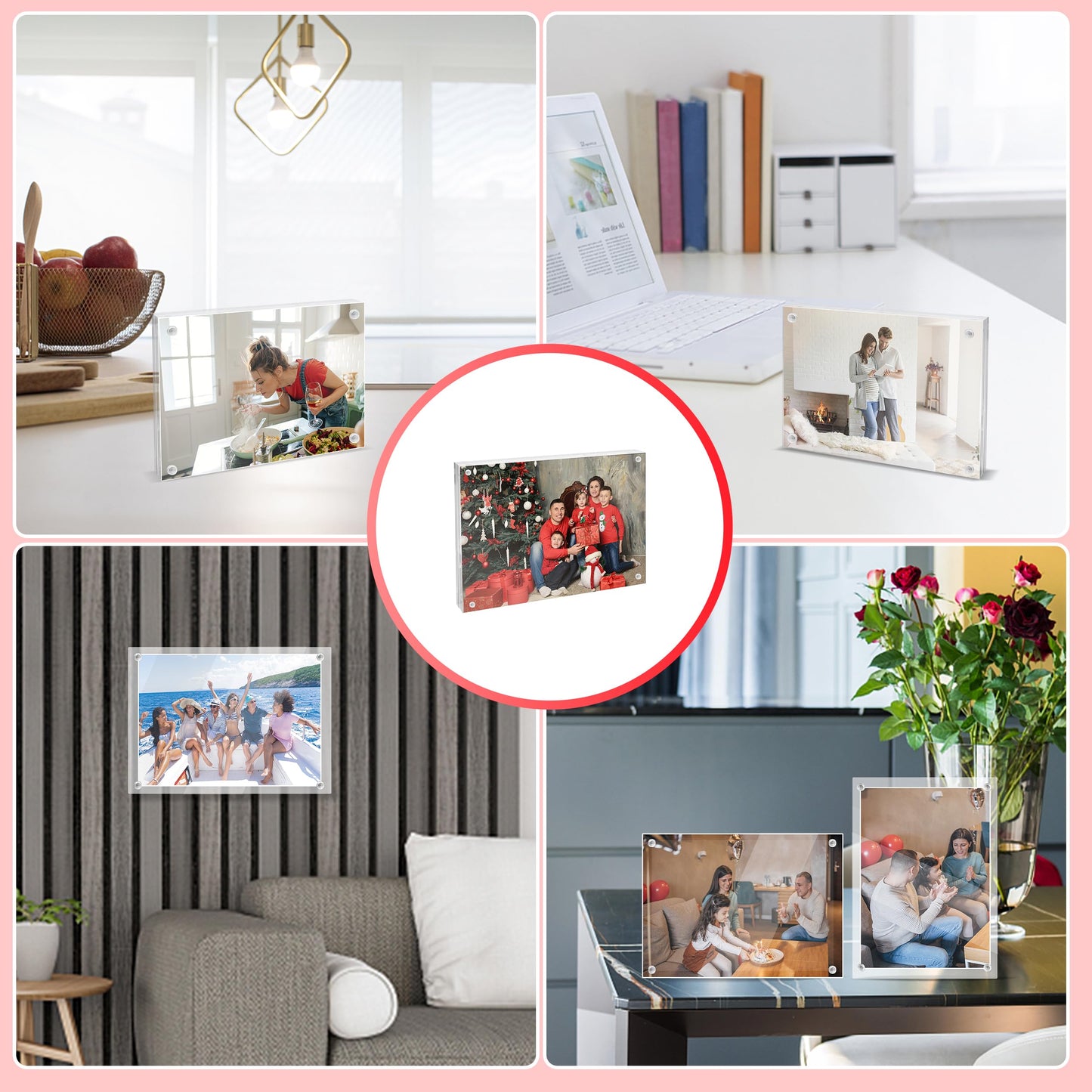 A & R 3 Packs 6 x 8 Acrylic Frames, Magnetic Picture Frame, Double Sided Self Standing Clear Photo Frame 10 + 10 MM Thick Clear Acrylic Wall Mount