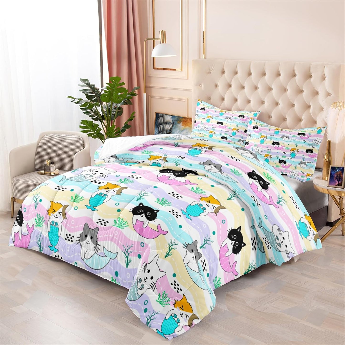 Cute Cartoon Dinosaur Bedding Set, Ultra Soft Full Size Comforter Set for Boys, Lovely Dinosaur Printed Comforter for Kids Teens, Dark Blue Microfiber Quilt for All Season 3Pcs with Pillowcases