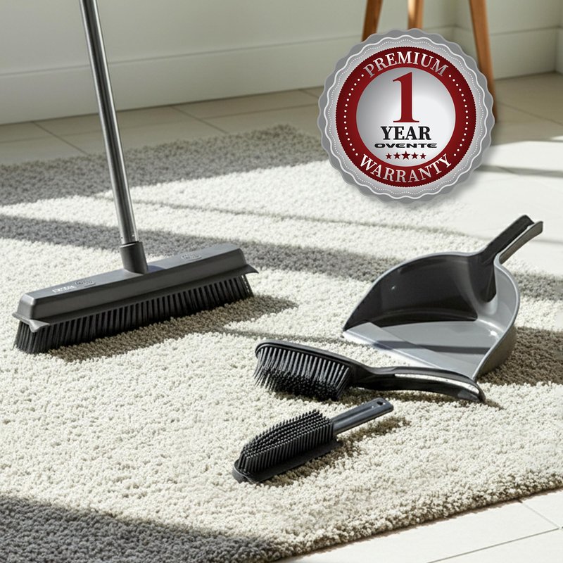 OVENTE Carpet Rake Rubber Broom for Pet Hair Removal with Squeegee, Detailing Lint Fur Remover Brush, Dustpan and 50” Handle, Cleaning Tools Set for Rug, Hardwood Floor, Tile and Window, Grey CT2504GY
