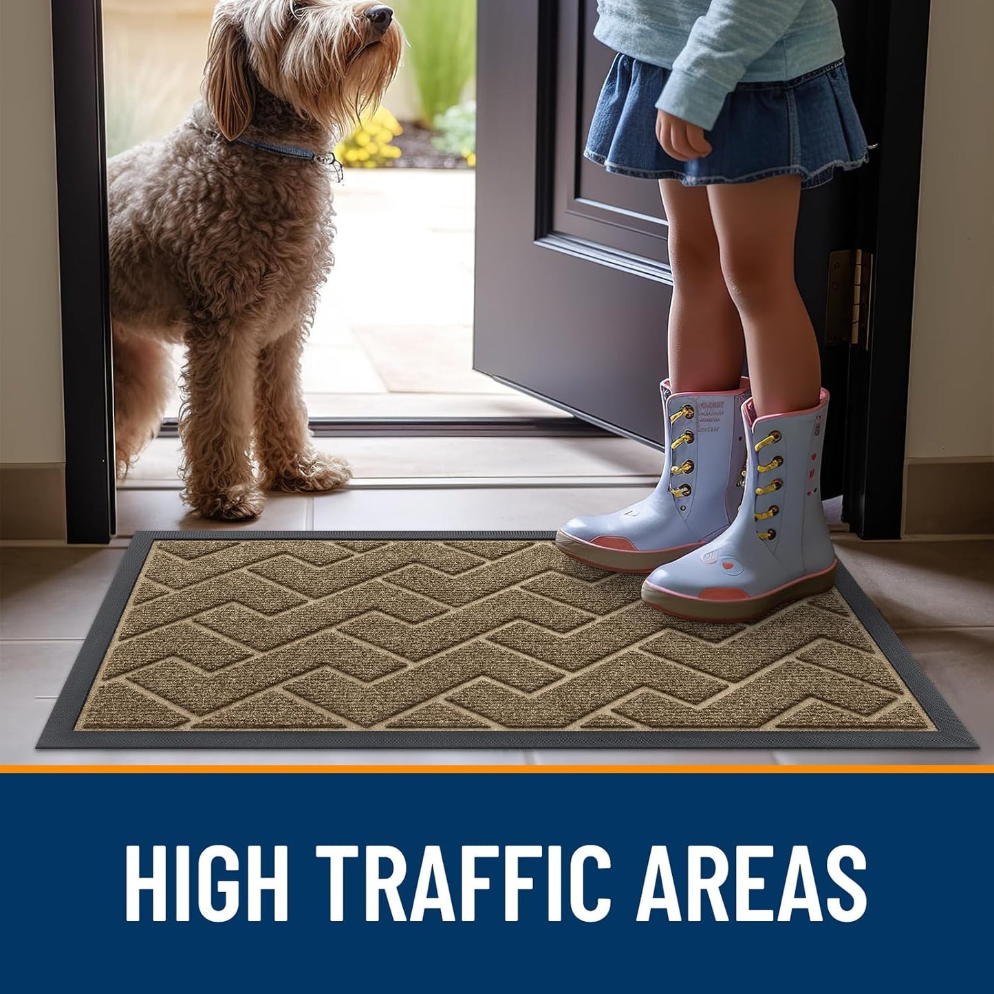OLANLY Waterproof Front Door Mat - All-Season Indoor/Outdoor Doormat, Low Profile, Easy Clean | Herringbone Brick (Brown, 36x24)