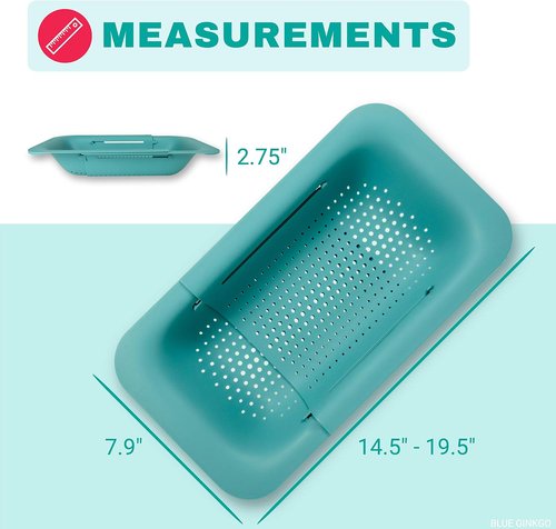 Blue Ginkgo Over The Sink Colander Strainer Basket - Extendable Design for Washing Vegetables & Draining Pasta | Kitchen Essential (7.9"W x 14.5-19.5"L x 2.75"H)