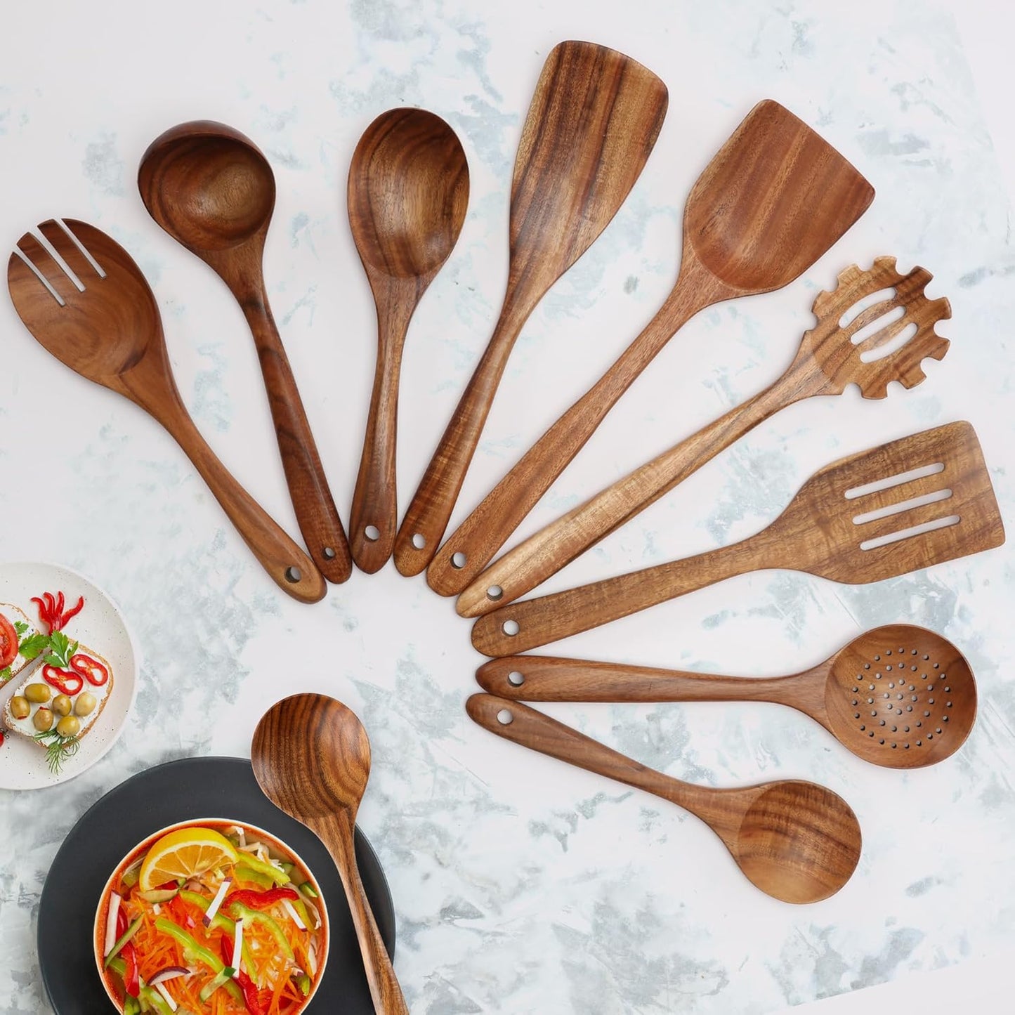 Zulay Kitchen 9-Piece Teak Wooden Utensil Set - Premium Non-Stick Cooking Tools in Gift Box | Comfortable Grip